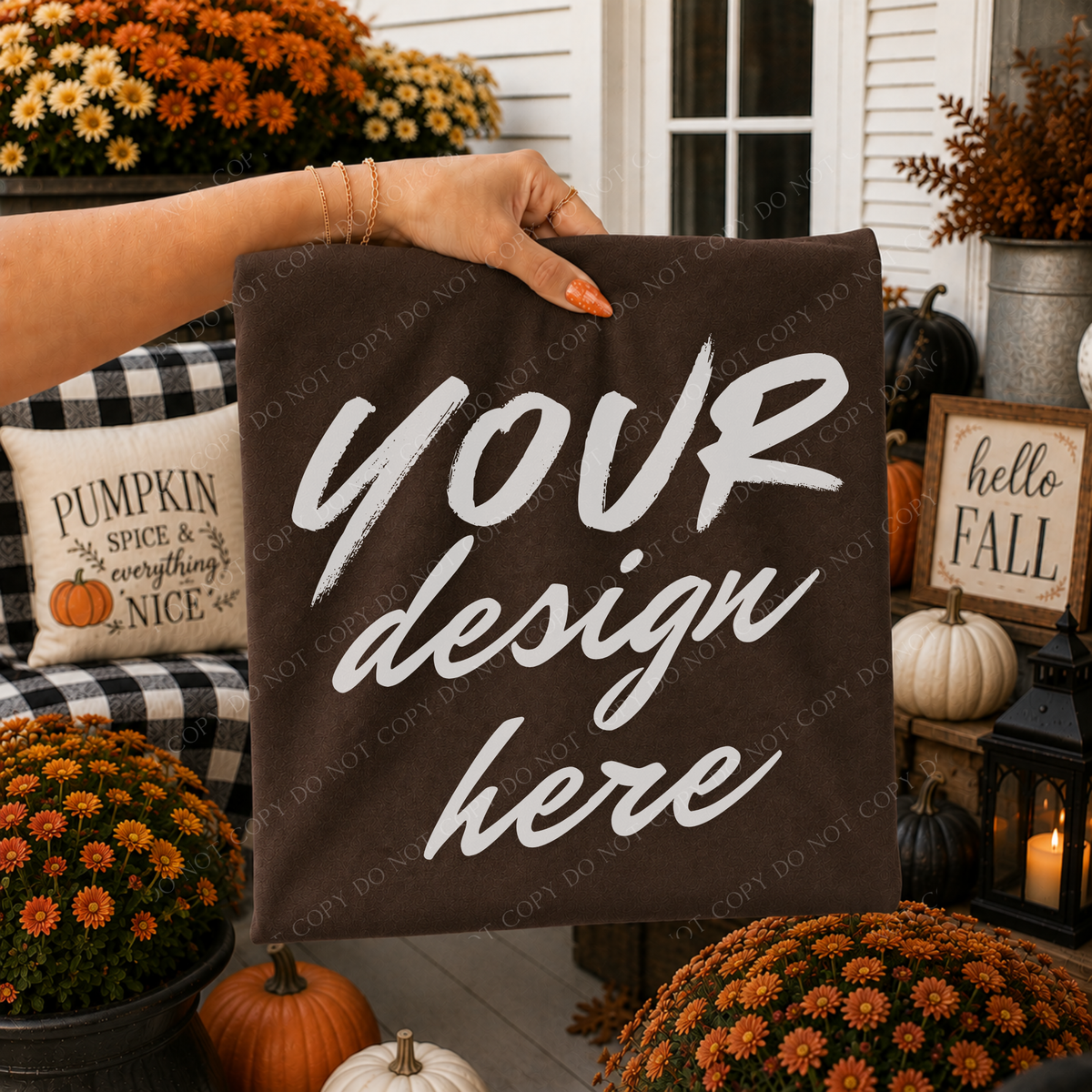 Fall Mums Porch Blank Sweatshirt Mockup, Gildan 18000 Dark Chocolate