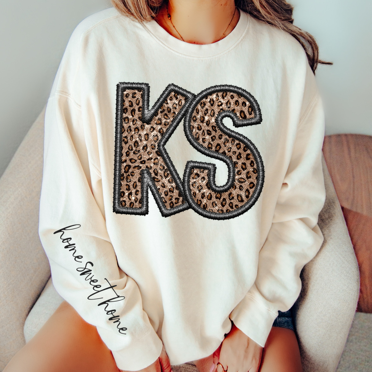 KS Kansas Faux Embroidery Leopard Sequin with separate Home Sweet Home Script in Black,  Digital Design, PNG