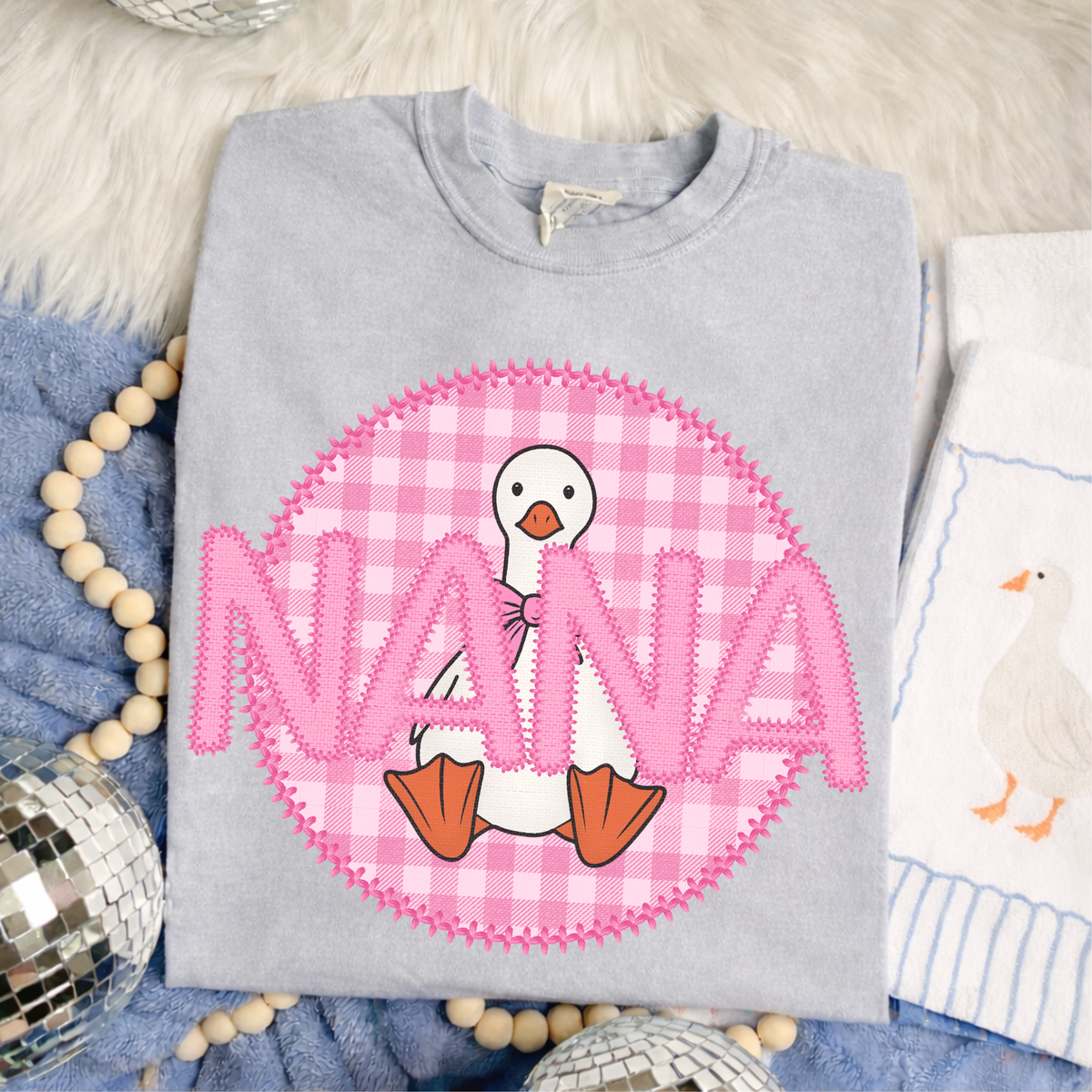 Nana Goose Faux Embroidery Stitch Gingham Texture Circle Pink Digital Design, PNG