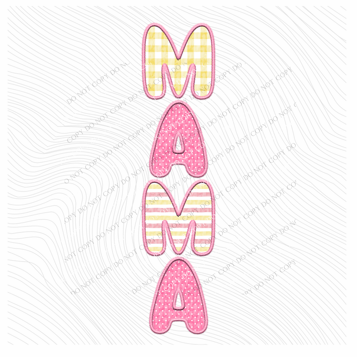 Mama Embroidery Gingham, Dots & Stripes Textured Vertical in Pink & Yellow Digital Design, PNG