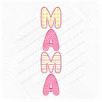 Mama Embroidery Gingham, Dots & Stripes Textured Vertical in Pink & Yellow Digital Design, PNG
