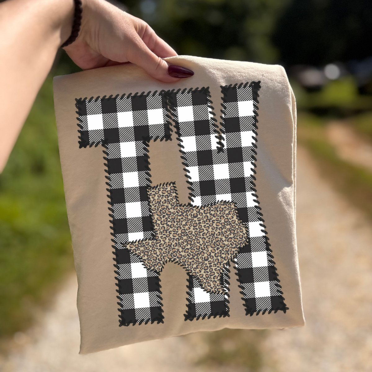 Texas TX Stitched Buffalo Plaid & Leopard State Patch Digital Design, PNG