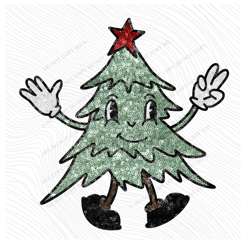 Christmas Tree Cute Character in Faux Sequin Digital Design, PNG