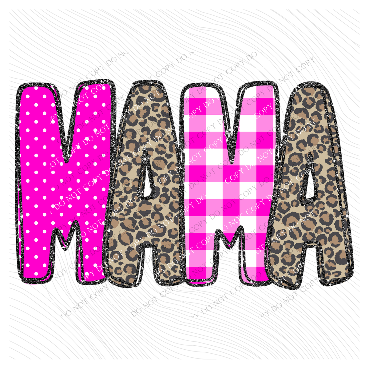 Mama Leopard Glitter, Gingham & Dot in Bright Pink Digital Design, PNG