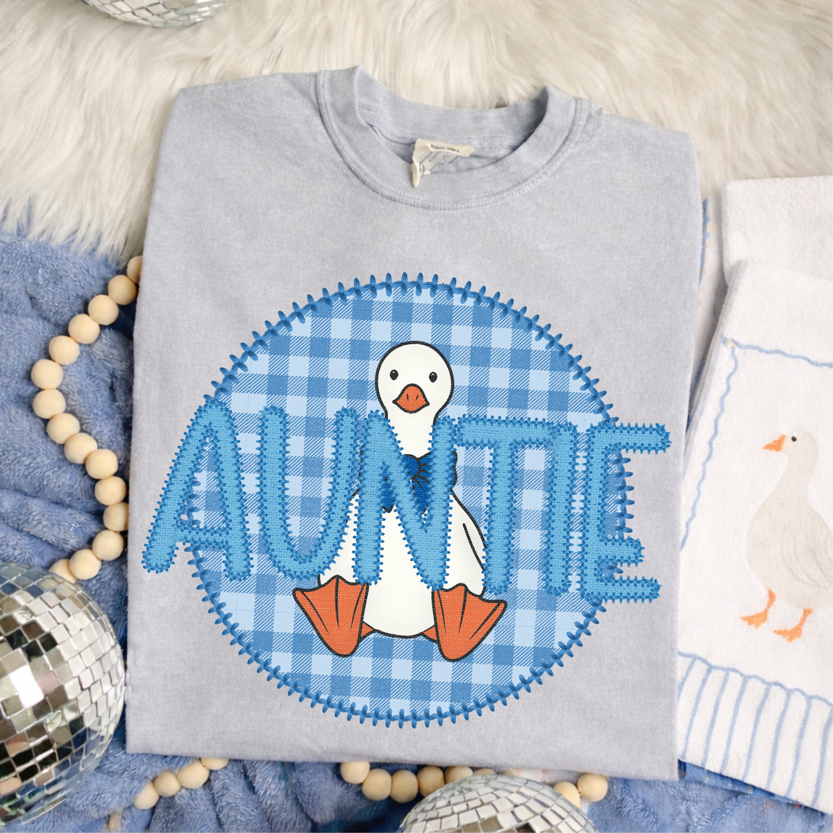 Auntie Goose Faux Embroidery Stitch Gingham Texture Circle Blue Digital Design, PNG