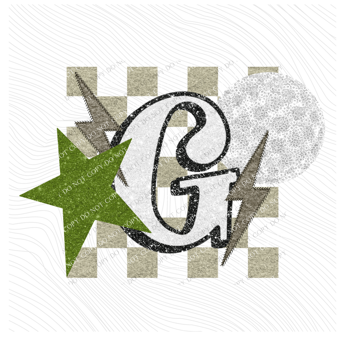 Golf Checkered Glitter Star & Stitched Bolt with Sequin Ball in Tan, Green & White Digital Design, PNG
