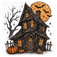 Spooky Haunted  Halloween House Sketch Digital Design, PNG