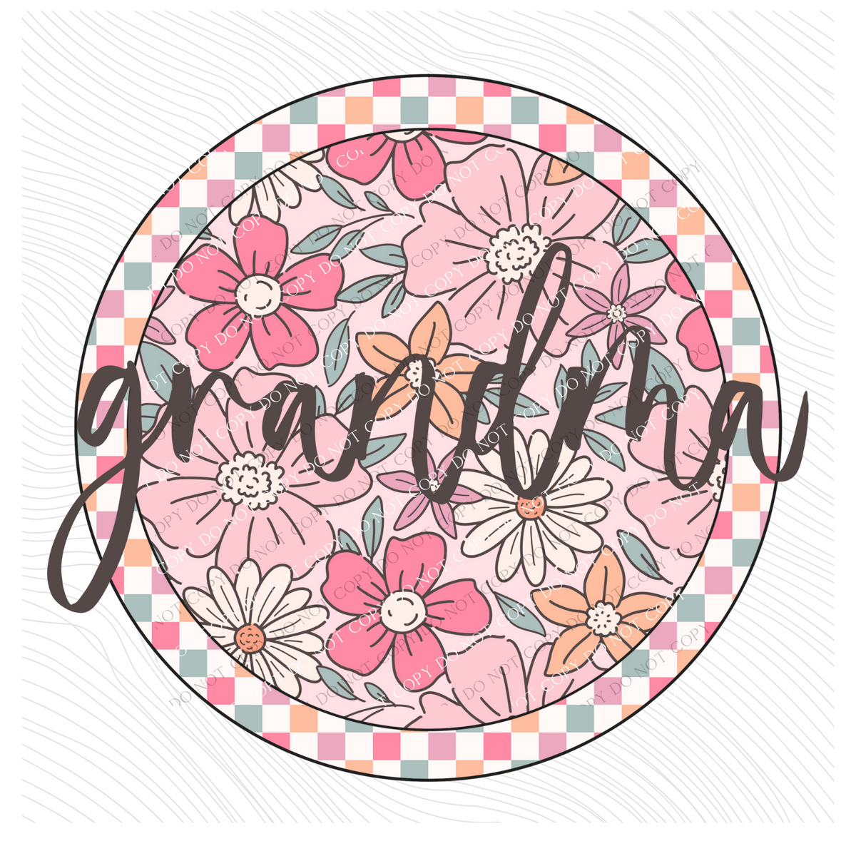 Grandma Checkered Floral Script Circle in Summery Colors Digital Design, PNG