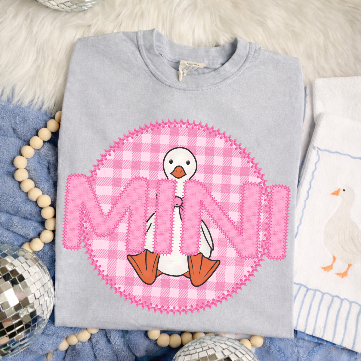 Mini Goose Faux Embroidery Stitch Gingham Texture Circle Pink Digital Design, PNG