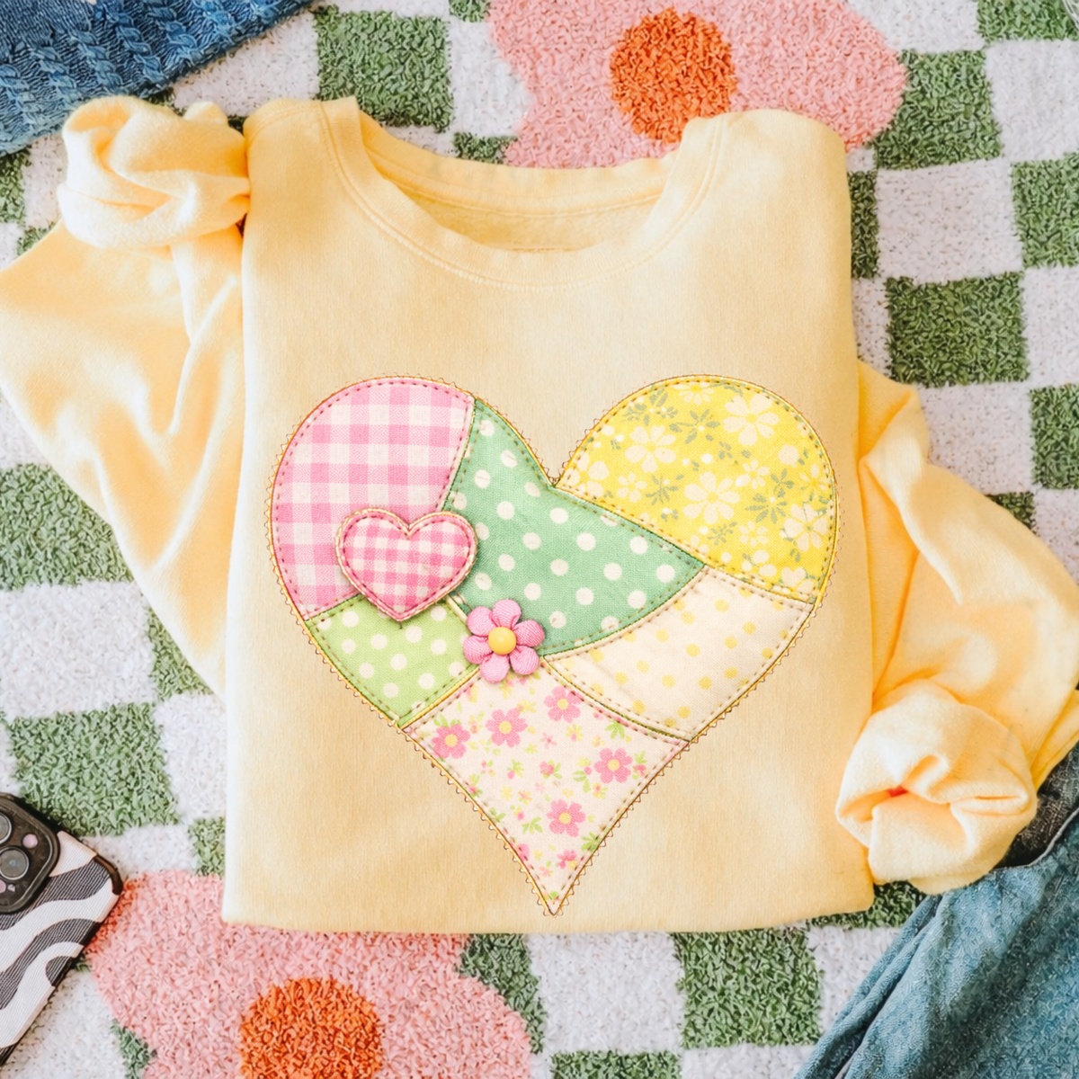 Heart Spring Tones Quilted Faux Patch Digital Design, PNG