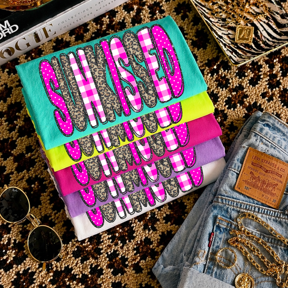 Sunkissed Leopard Glitter, Gingham & Dot in Bright Pink Digital Design, PNG