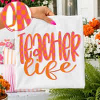 Teacher Life Checkers, Dots & Foil in Orange and Pink Digital Design, PNG