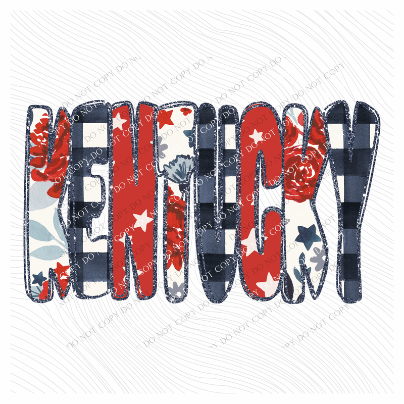 Kentucky Glitter, Floral, Gingham & Stars Patriotic Digital Design, PNG