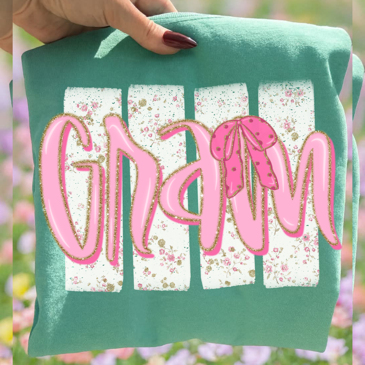 Gram Floral Distressed Stripes, Glitter & Bow Coquette Digital Design, PNG
