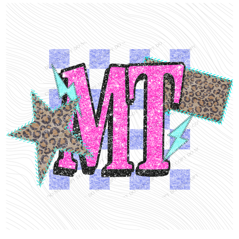 Montana Leopard Checkered Glitter Star & Stitched Bolt & State in Bright Summer Colors Digital Design, PNG