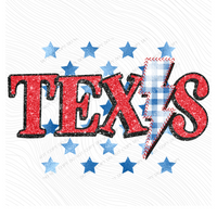 Texas Glitter with Foil Stars & Gingham Stitched Bolt in Red, White & Blue Patriotic Digital Design, PNG