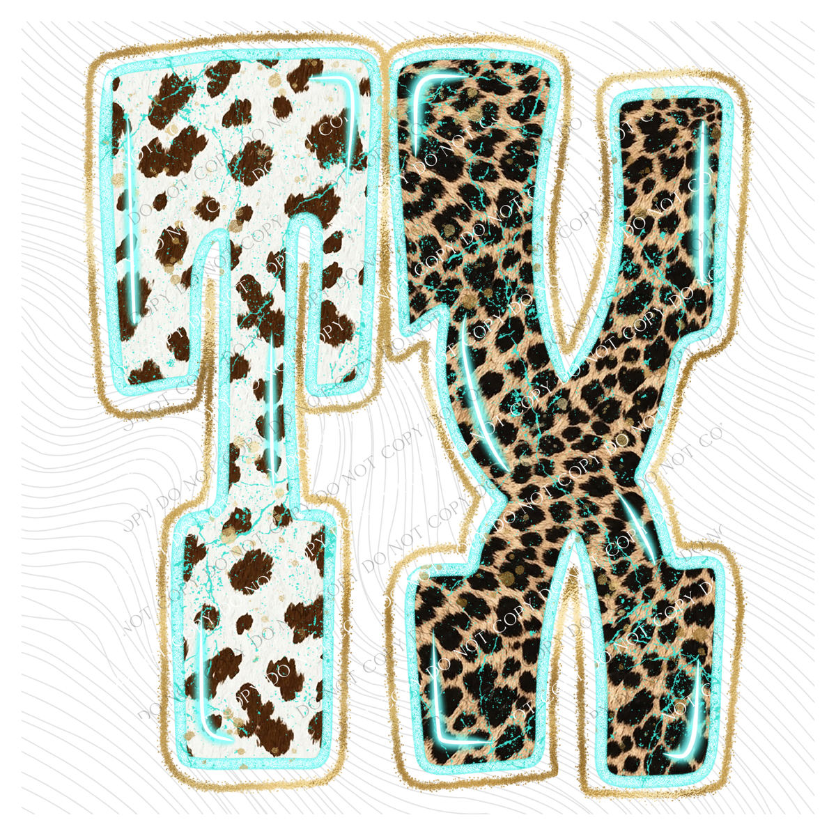 TX Texas Turquoise Glow Gold Foil Western Leopard & Cow Print Digital Design, PNG Only