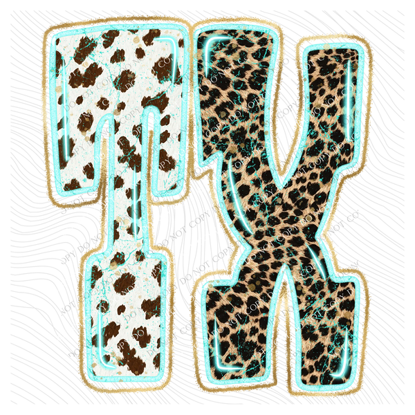 TX Texas Turquoise Glow Gold Foil Western Leopard & Cow Print Digital Design, PNG Only