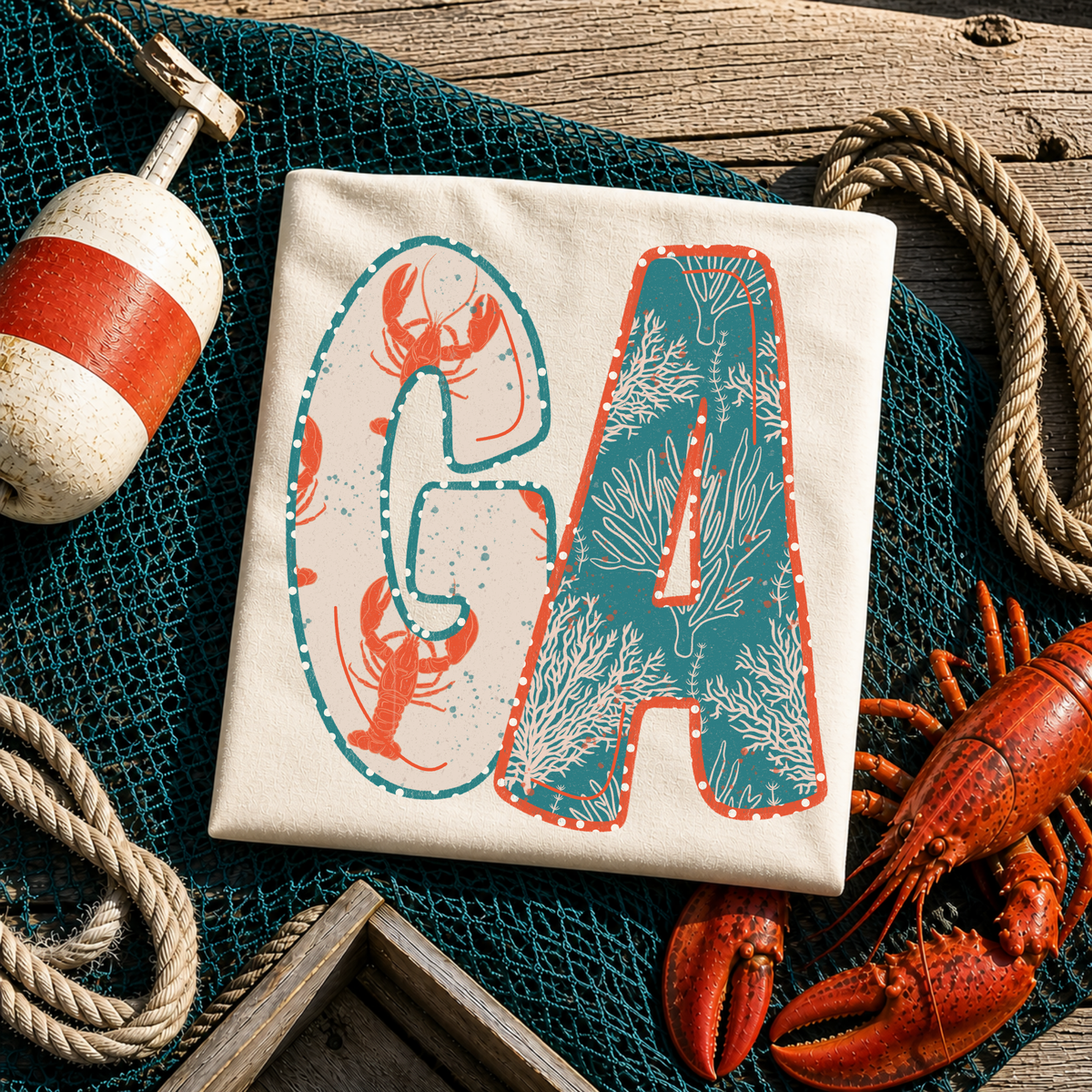 GA Georgia  Lobster Coral Reef Polka Dot Outline Digital Design, PNG