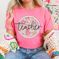 Teacher Checkered Floral Script Circle in Summery Colors Digital Design, PNG
