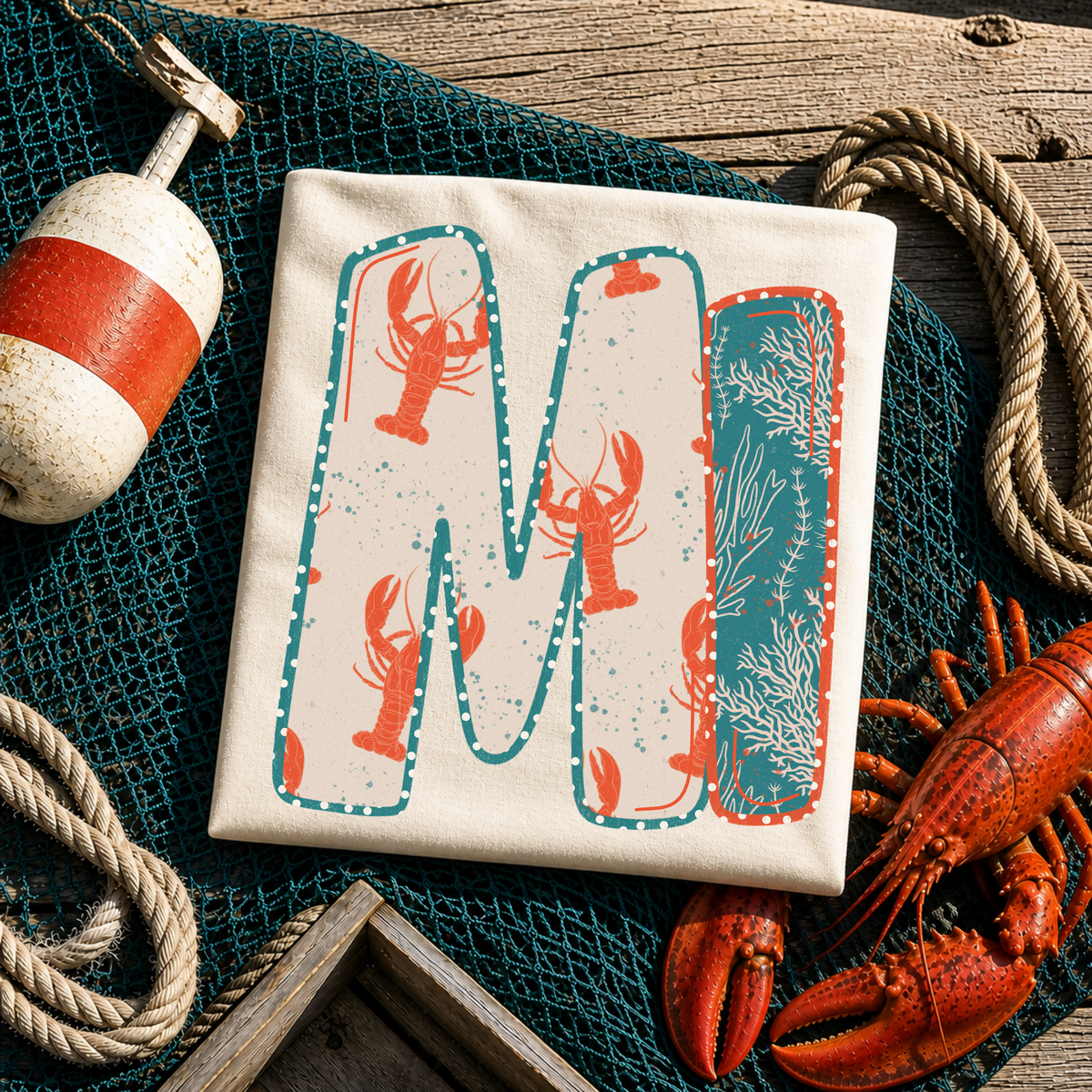 MI Michigan  Lobster Coral Reef Polka Dot Outline Digital Design, PNG