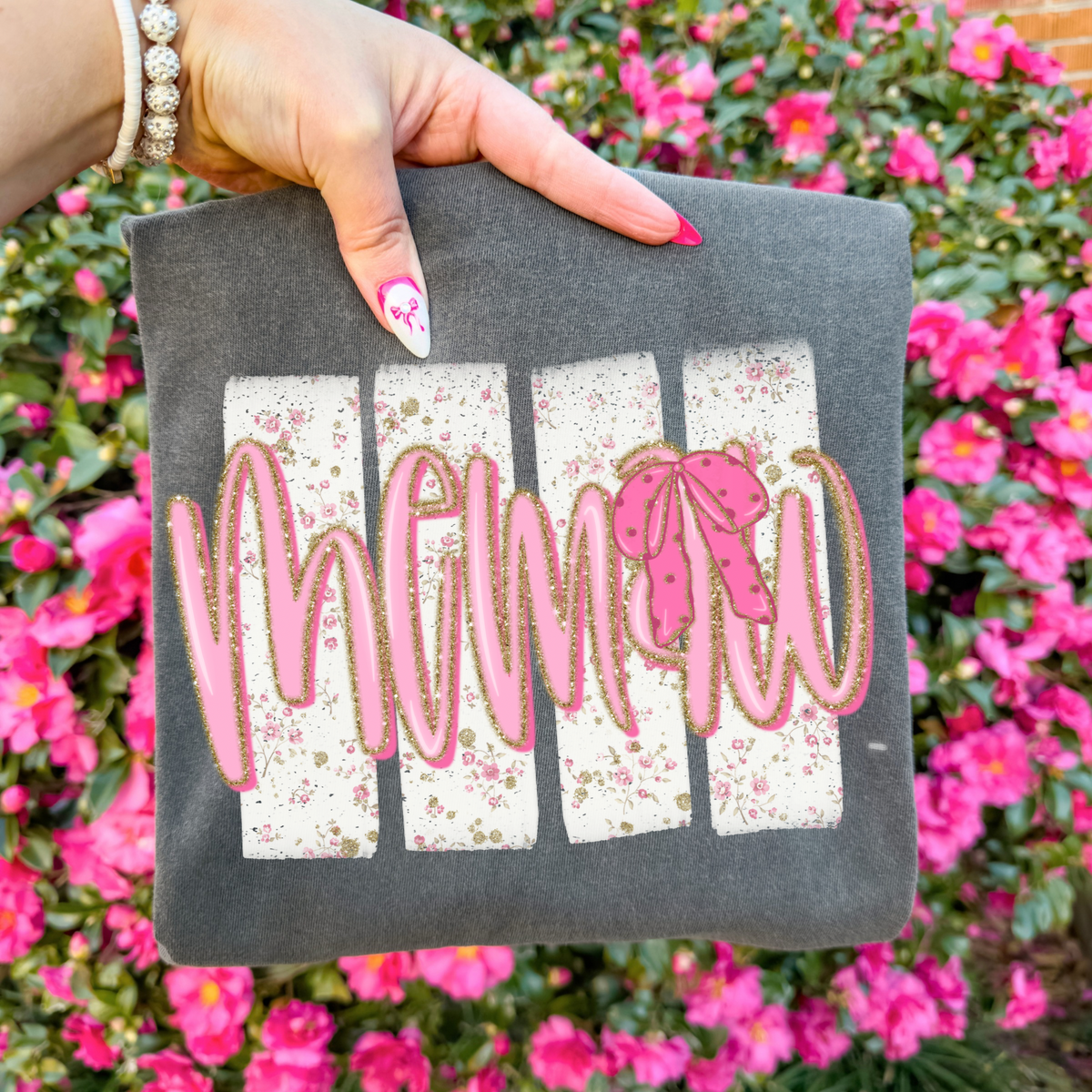 Memaw Floral Distressed Stripes, Glitter & Bow Coquette Digital Design, PNG