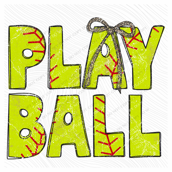 Play Ball Softball Stitch Leopard Bow Doodle Distressed Digital Design, PNG