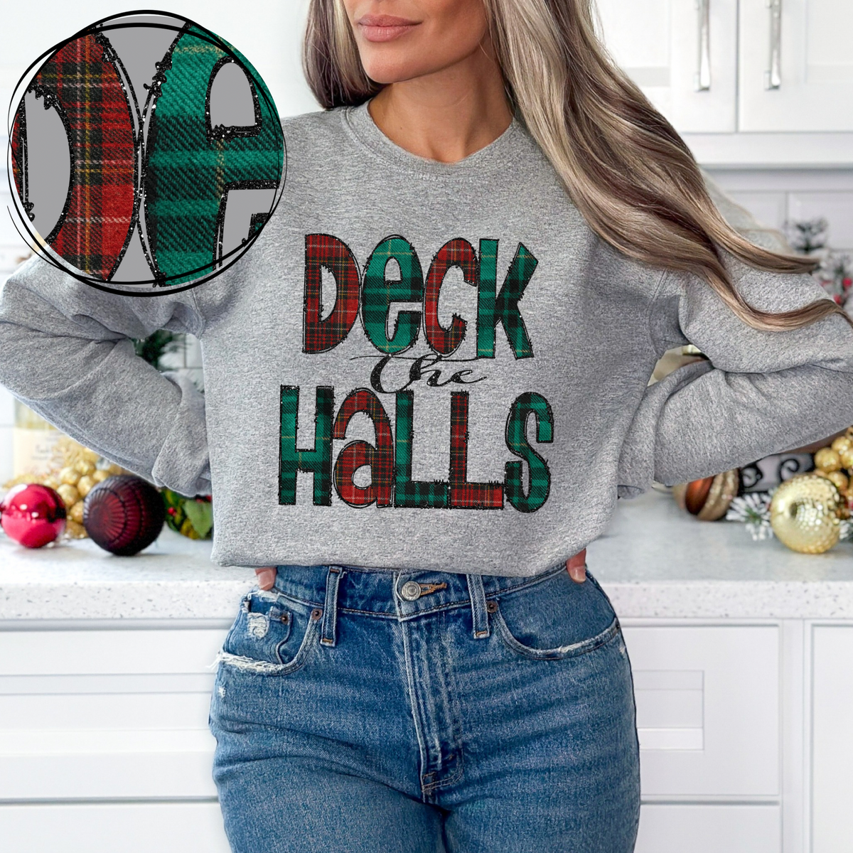 Deck the Halls Glitter & Red & Green Plaid Digital Download, PNG