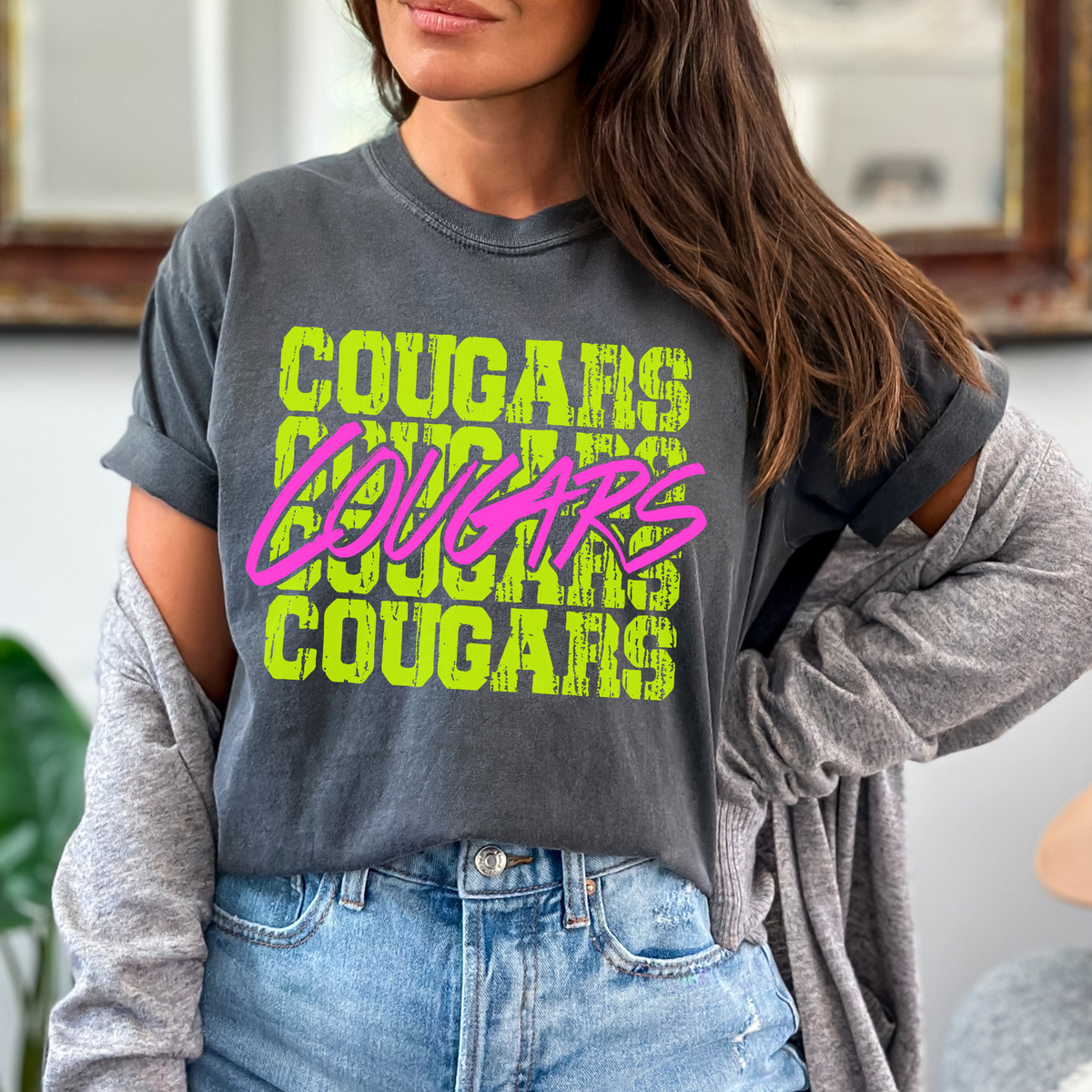 Cougars Stacked Cutout Bright Yellow & Pink Digital Design, PNG