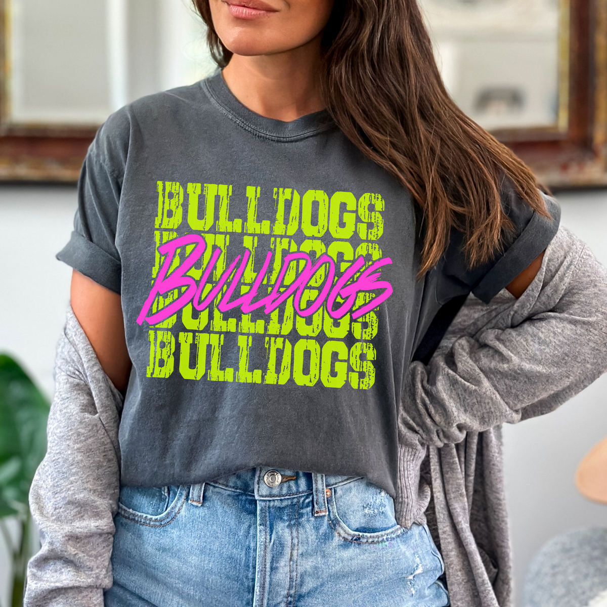 Bulldogs Stacked Cutout Bright Yellow & Pink Digital Design, PNG