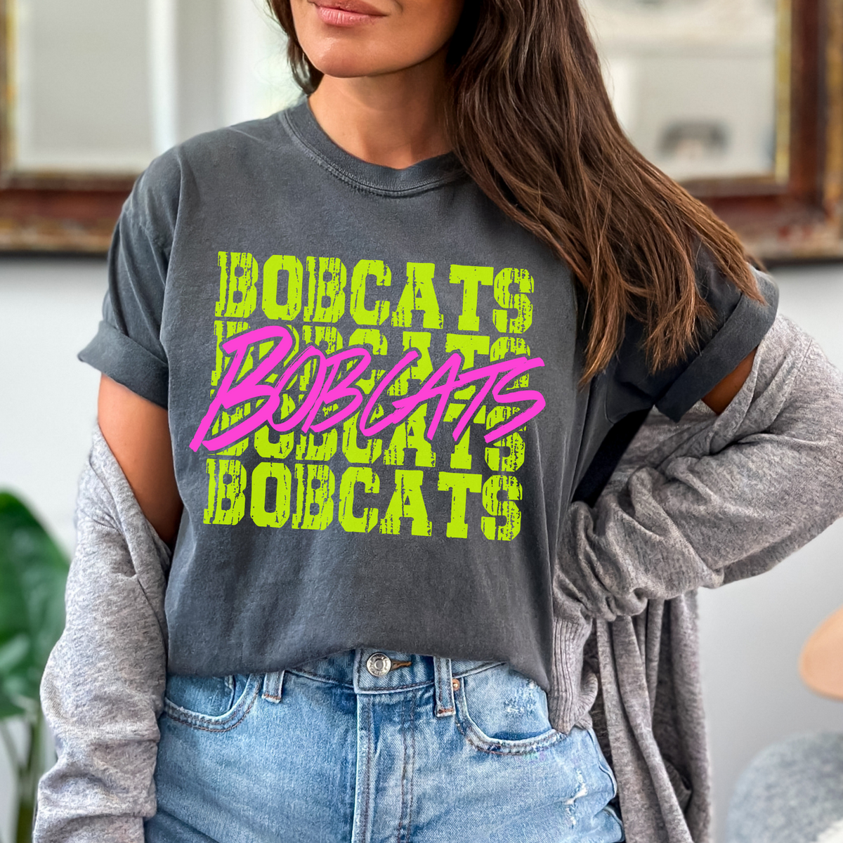 Bobcats Stacked Cutout Bright Yellow & Pink Digital Design, PNG