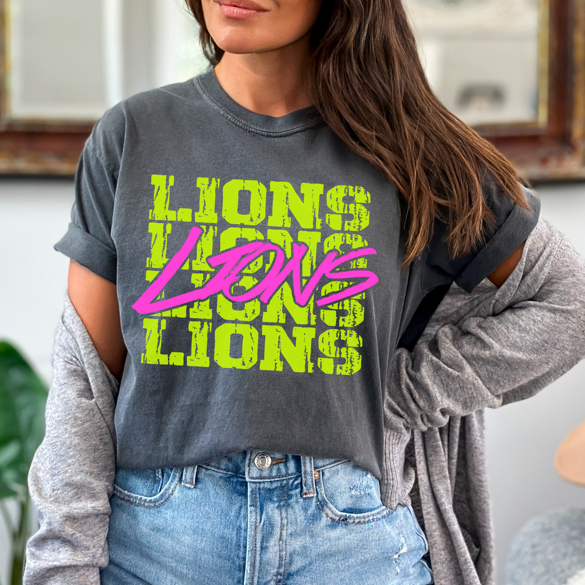 Lions Stacked Cutout Bright Yellow & Pink Digital Design, PNG