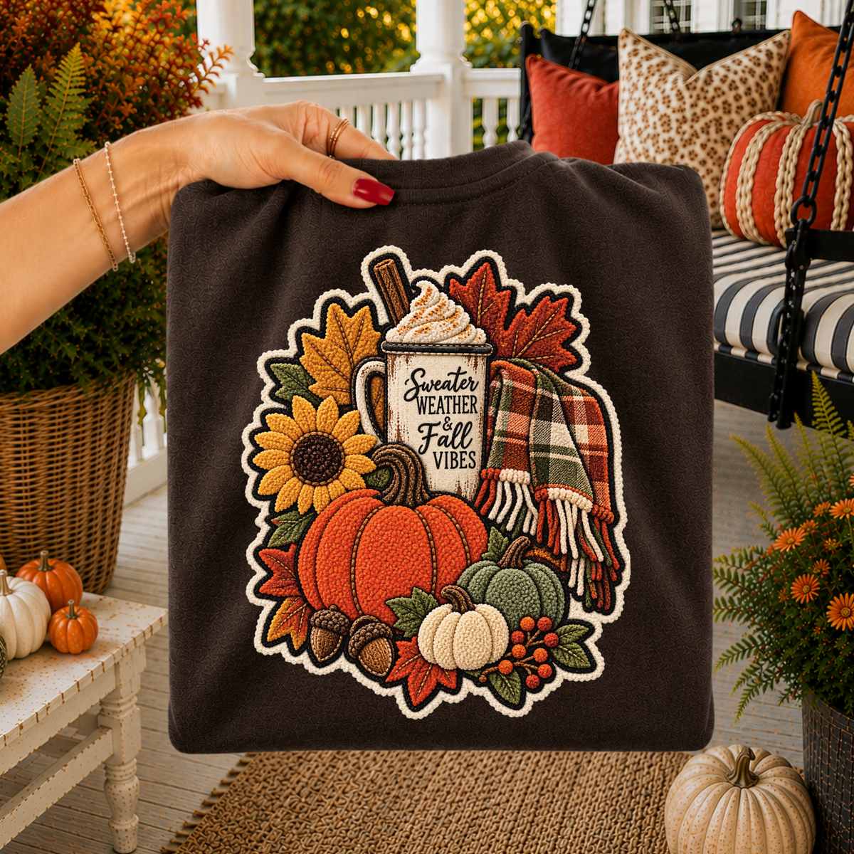 Sweater Weather Fall Faux Chenille Patch Digital Design, PNG