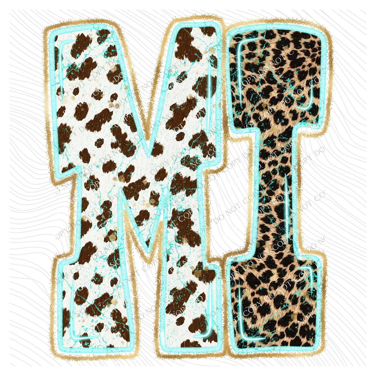 MI Michigan Turquoise Glow Gold Foil Western Leopard & Cow Print Digital Design, PNG Only