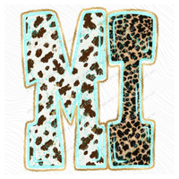 MI Michigan Turquoise Glow Gold Foil Western Leopard & Cow Print Digital Design, PNG Only