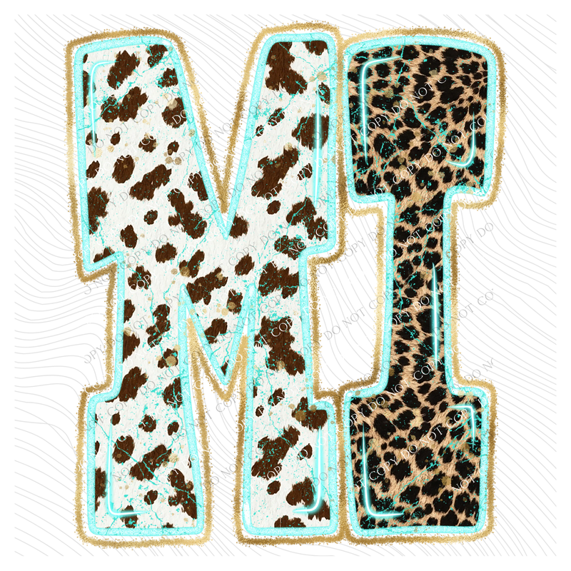 MI Michigan Turquoise Glow Gold Foil Western Leopard & Cow Print Digital Design, PNG Only