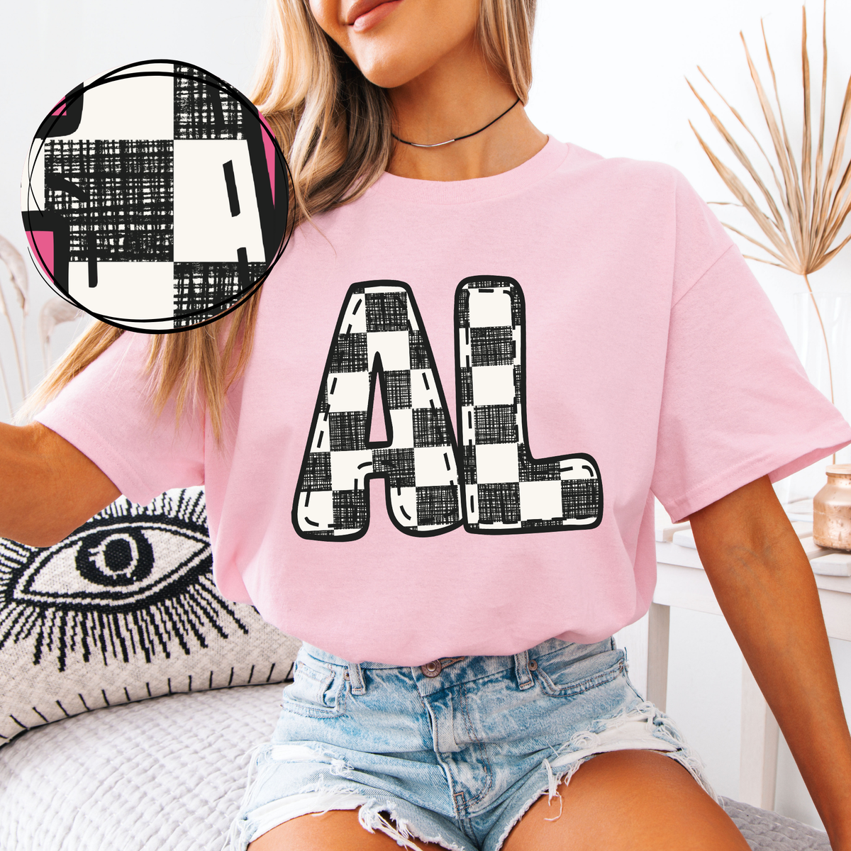 AL Alabama Bubble Stitch Distressed Checkers Black White Digital Design, PNG