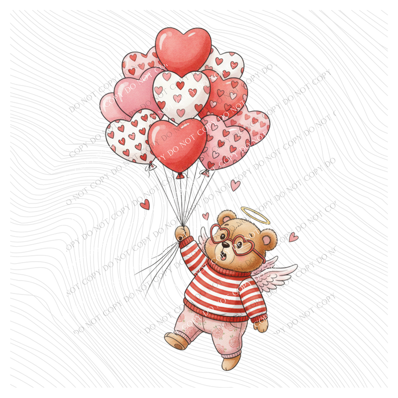 Balloon Whimsy Bear Valentine’s Sketch Digital Design, PNG