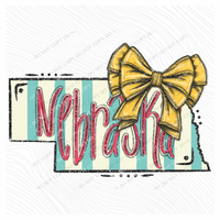 Nebraska Glitter Bow & Stripes Coquette Digital Design, PNG