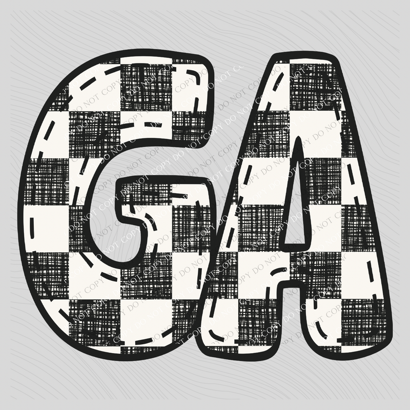 GA Georgia Bubble Stitch Distressed Checkers Black White Digital Design, PNG