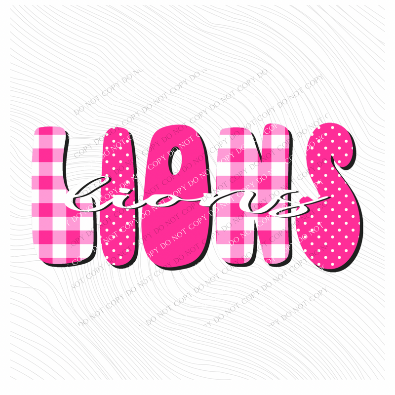 Lions Gingham Dots Groovy Script in Pink & White Digital Design, PNG