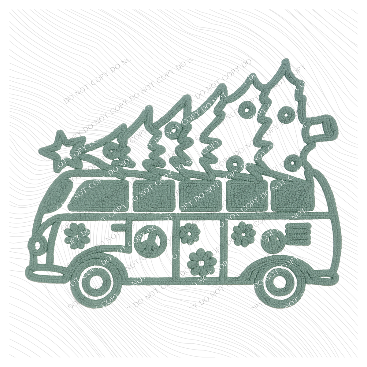 Hippie Van with Tree Green Chenille Style Outline Digital Download, PNG