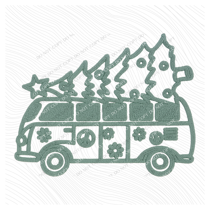Hippie Van with Tree Green Chenille Style Outline Digital Download, PNG