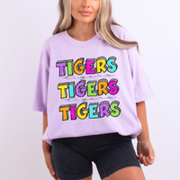 Tigers Bubble Dot Stacked Script Distressed in Neons Digital Design, PNG