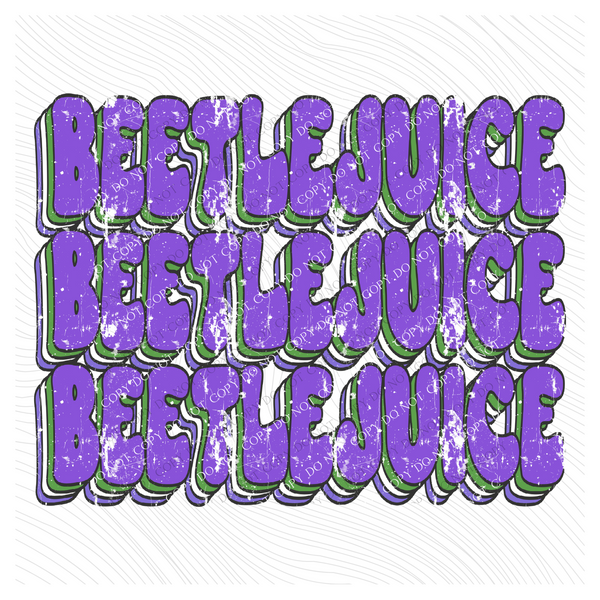 Beetlejuice Groovy Stacked Distressed Digital Design in Purple, Green & White, PNG