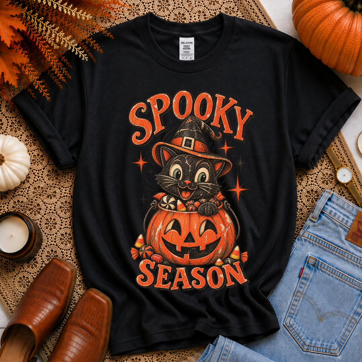 Spooky Season Cute Cat in Pumpkin Bucket Vintage Sketch Digital Design, PNG