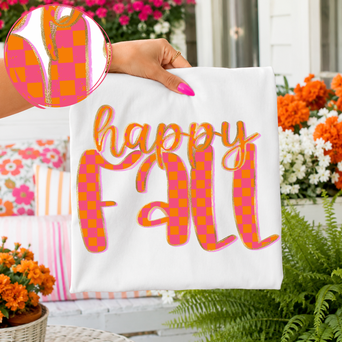 Happy Fall Checkers, Dots & Foil in Orange and Pink Digital Design, PNG