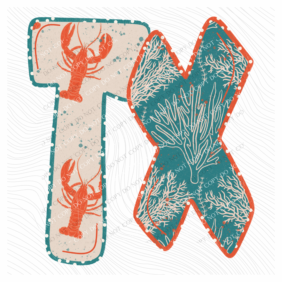 TX Texas Lobster Coral Reef Polka Dot Outline Digital Design, PNG