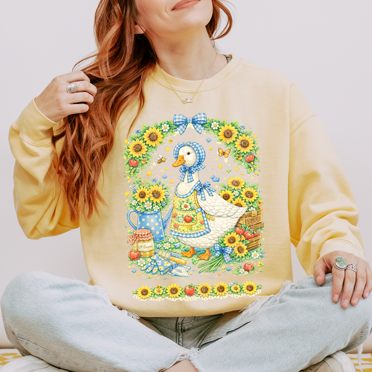 Sunflower Gingham Goose Distressed Digital Design, PNG