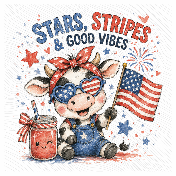 Stars, Stripes and Good Vibes Cow Patriotic Digital Design, PNG